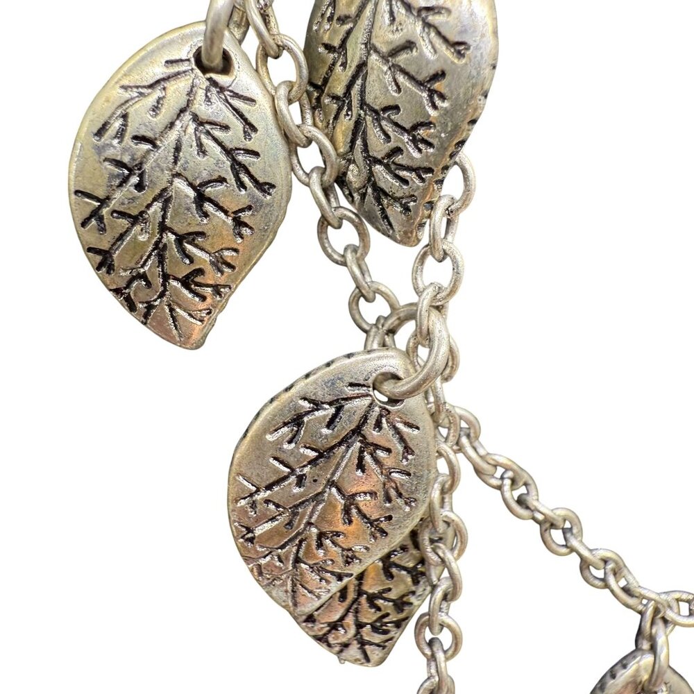 Engraved Leaves Station Double Strand Layered Chain Necklace Silver Tone - Picture 4 of 6